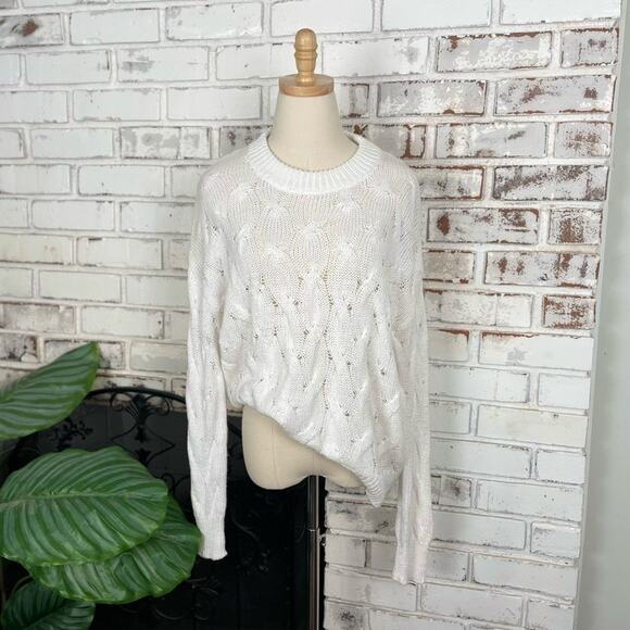525 Born in Brooklyn Cable Knit Cotton White Crew Neck Long Sleeve Sweater M - Picture 1 of 9